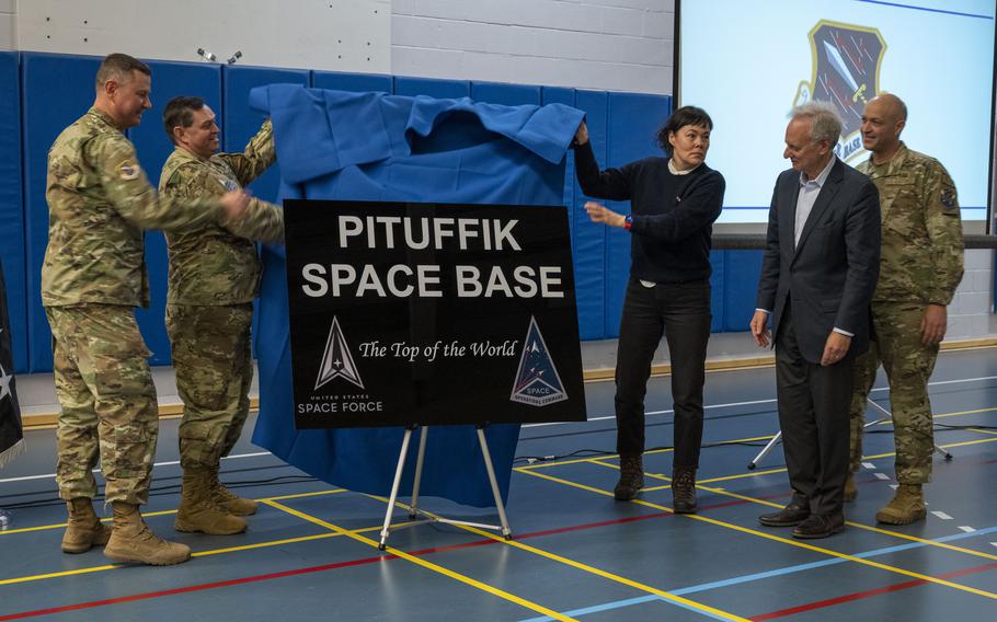From left, Col. Brian Capps, 821st Space Base Group commander; U.S. Space Force commander Gen. Chance Saltzman; Vivian Motzfeldt, Greenlandic foreign affairs minister; U.S. Ambassador to Denmark Alan Leventhal; and Chief Master Sgt. Christopher Clark, 821st Space Group senior enlisted leader, unveil the new Pituffik Space Base sign in Greenland, April 6, 2023. It was previously known as Thule Air Base.