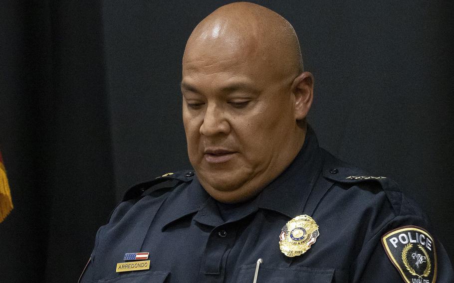 Uvalde Schools Police Chief Pedro “Pete” Arredondo listens during a briefing in Uvalde, Texas, after 19 students and two teachers were killed in the shooting at Robb Elementary School on May 24, 2022.