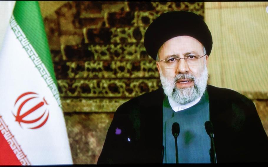 Ebrahim Raisi, Iran’s president, speaks during pre-recorded video at the United Nations General Assembly in New York on Sept. 21, 2021.