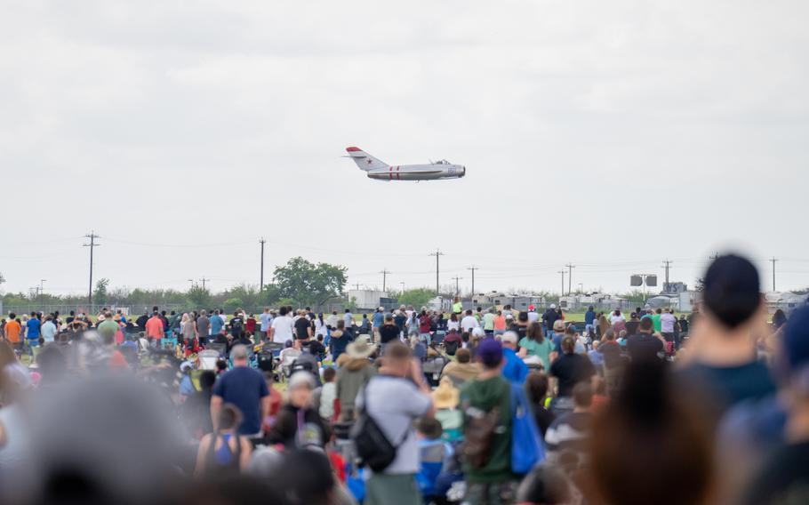 A Mig-17F performs aerial acrobatics at Joint Base San Antonio-Randolph, Texas, for The Great Texas Airshow, Saturday, April 6, 2024. 