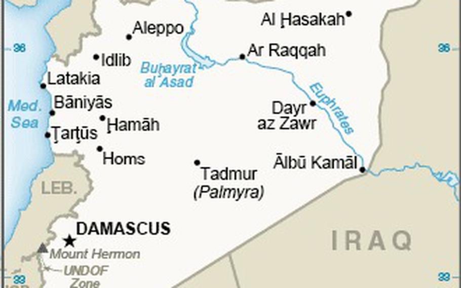 Syria map showing major cities as well as parts of surrounding countries and the Mediterranean Sea.