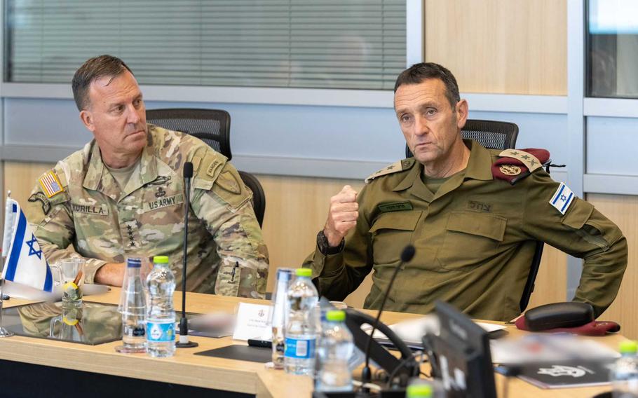 U.S. Central Command chief Gen. Michael "Erik" Kurilla and Israel Defense Forces chief Herzi Halevi meet in Tel Aviv, Israel, on May 30, 2023. Kurilla arrived in Israel Oct. 17 for meetings with its military leadership.