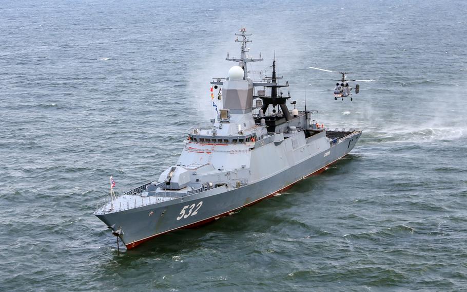 A helicopter practices landing on the Russian corvette Boikiy in the Baltic Sea in 2021. Naval analysts say the U.S. and its partners need more smaller warships, such as corvettes and frigates, to deter Russia effectively in the Baltic and Black seas. 