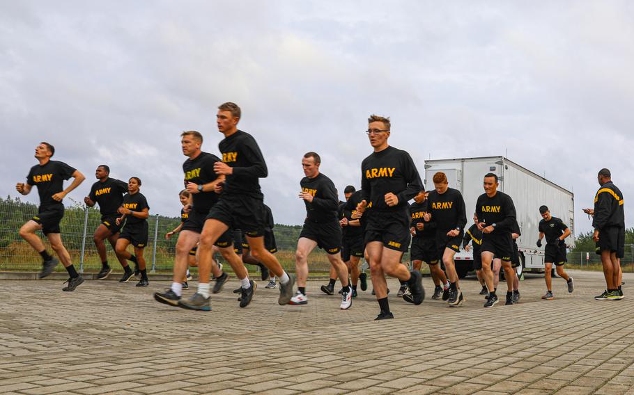 Soldiers begin the 2-mile run for the Army Combat Fitness Test  at Drawsko Pomorskie Training Area, Poland, in August 2021. Soldiers of an Alaska-based company on rotation at Drawsko Pomorskie were told they had to take part in a weight loss contest, but it was abruptly called off.