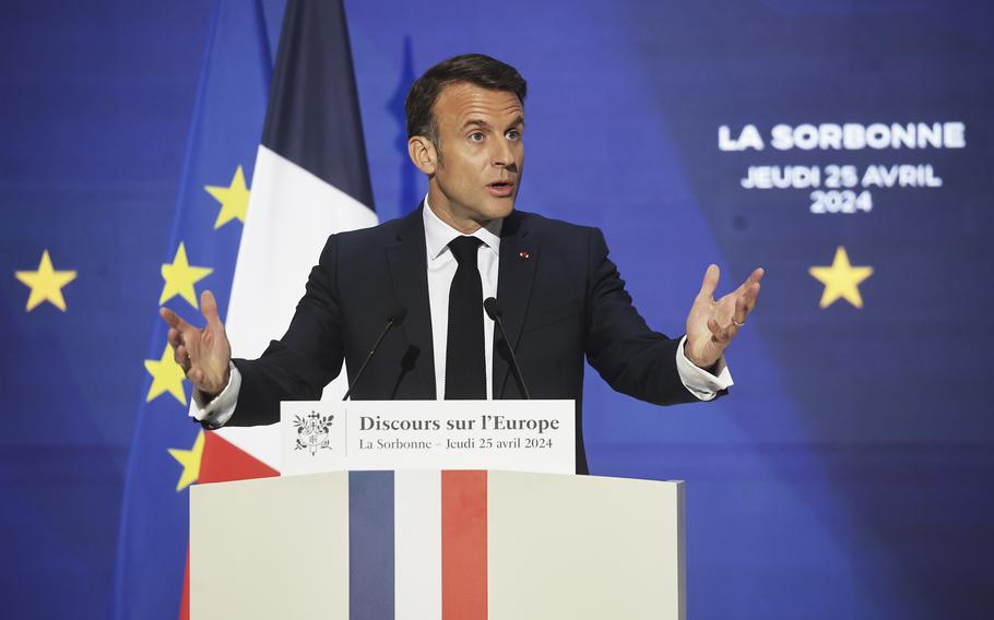 French President Emmanuel Macron delivers a speech on Europe in the amphitheater of the Sorbonne University, Thursday, April 25 in Paris. 2024. 