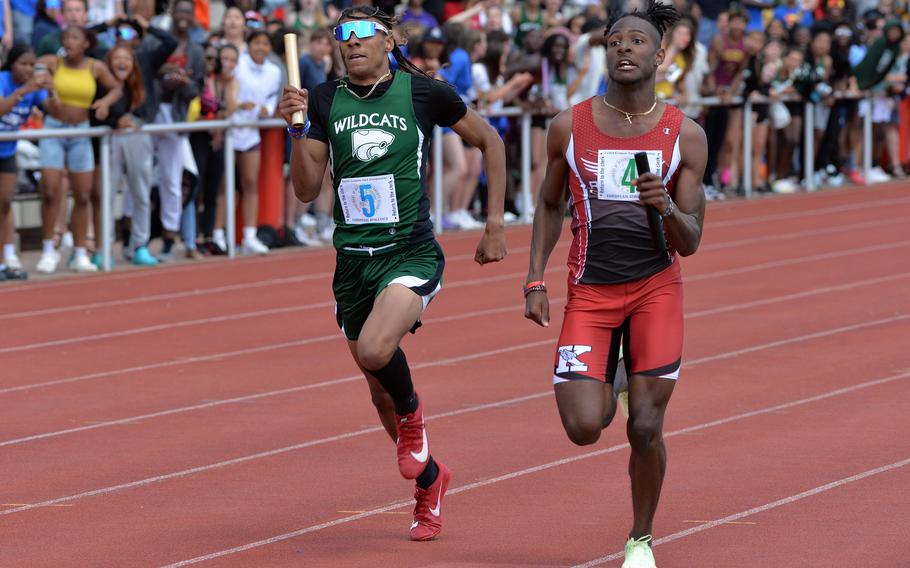 In the final event of the DODEA-Europe track and field championships in Kaiserslautern, Germany, Naples edged out Kaiserslautern in the 4x400-meter relay. Anchors Cameron Collins of Naples races Kaiserslautern’s Larry Hanes down the home stretch with Naples coming out on top at 3 minutes, 30.05 seconds.