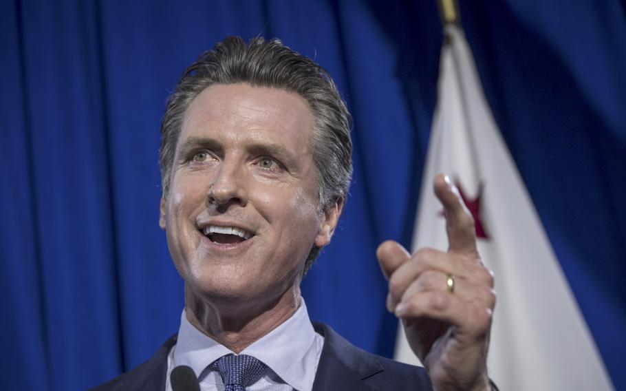 Gavin Newsom, Democratic candidate for governor of California, speaks during a primary election watch party in San Francisco on Tuesday, June 5, 2018. 