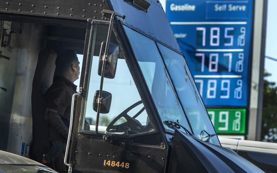 The price of gasoline approaches close to $8 a gallon at a Chevron gas station in downtown Los Angeles. 