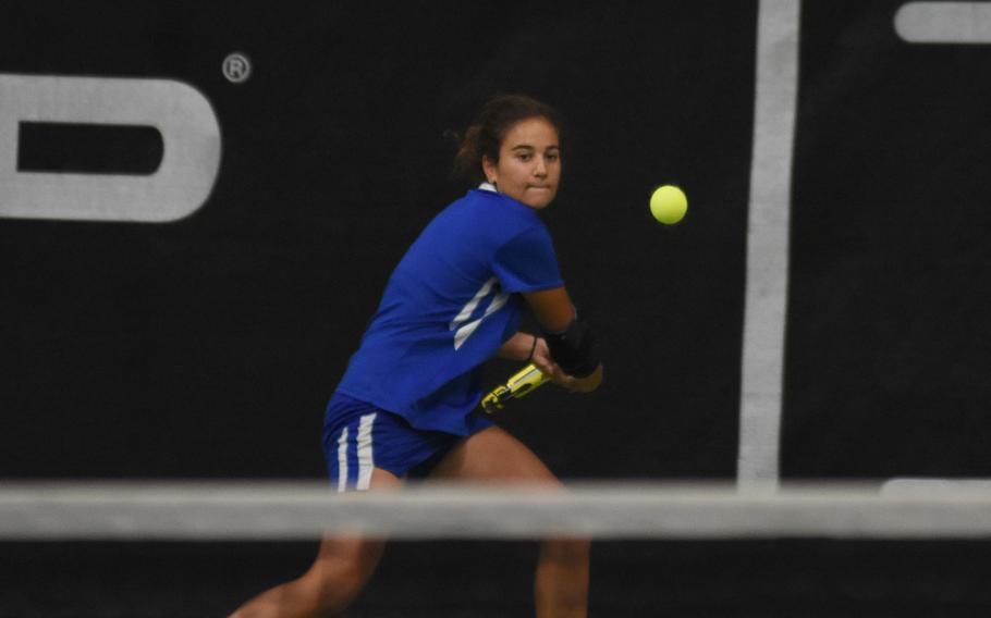 Sigonella’s Charlize Caro goes after the ball during her semifinal game on Friday, Oct. 21, 2022, at the DODEA European tennis championships in Wiesbaden, Germany. Caro lost to Ramstein senior Kassianna von Eicken.