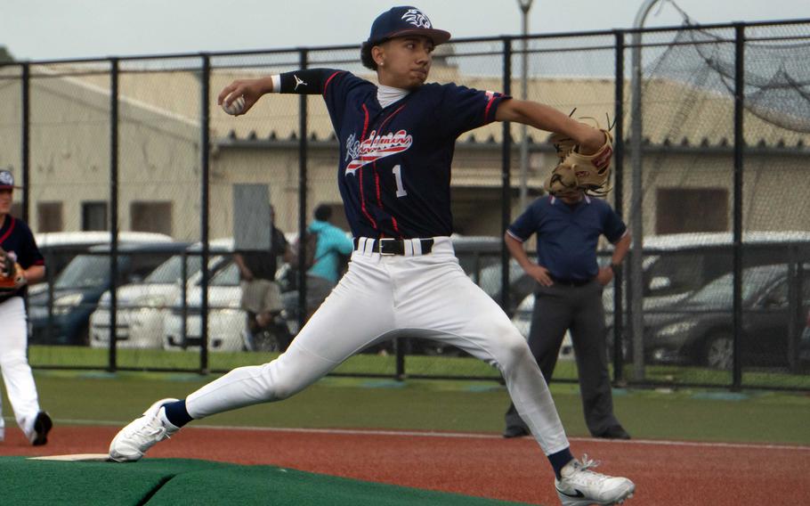 Kadena right-hander Waioni Mandac delivers against Kubasaki.