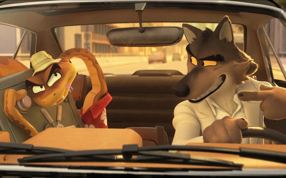 The friendship of Mr. Snake (voiced by Marc Maron) and Wolf (Sam Rockwell) is at the heart of the story told in “The Bad Guys.” 