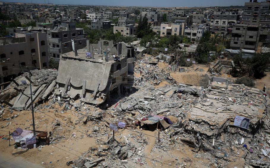 The remains of the destroyed buidling where Kayan Abu Safiya's family lived before the 11-day war between Israel and Hamas, in Beit Lahia, Gaza, on May 27, 2021. 