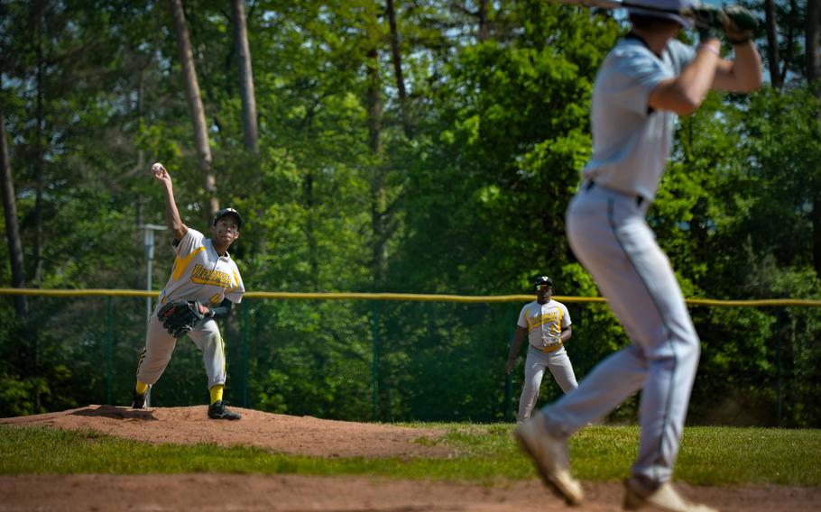 Vicenza’s Tre Davis throws during the DODEA-Europe Division II-III Baseball Championships at Ramstein Air Base, Germany, May 18, 2023.