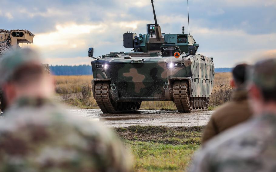 Poland's new infantry fighting vehicle, the Badger, is unveiled during a ceremony in Bemowo Piskie, Poland, Nov. 14, 2022. The Badger is the latest upgrade for the Polish army, which supports a U.S.-led NATO battlegroup in the country's north, not far from the Russian exclave of Kaliningrad.