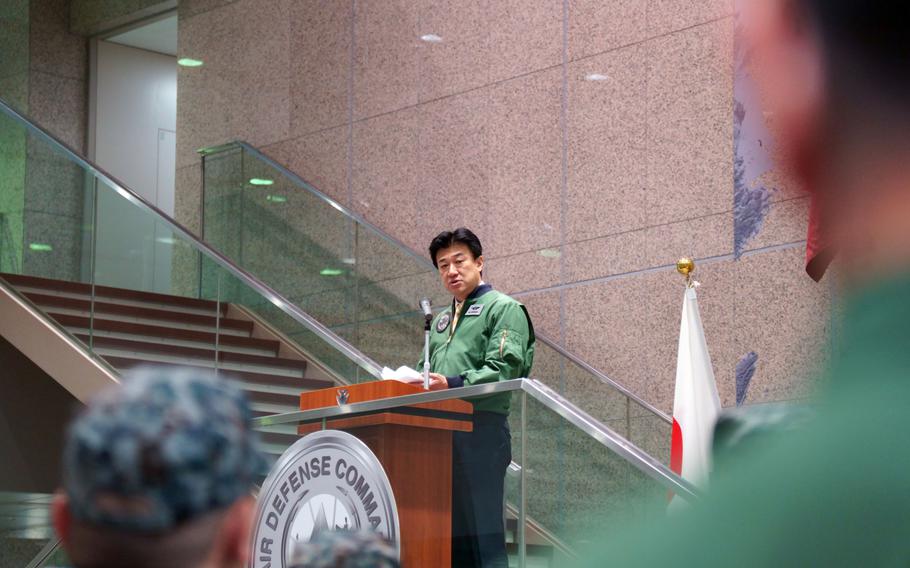 Japan's newly appointed defense minister, Minoru Kihara, speaks at Air Defense Command headquarters at Yokota Air Base, Japan, Tuesday, Oct. 10, 2023.