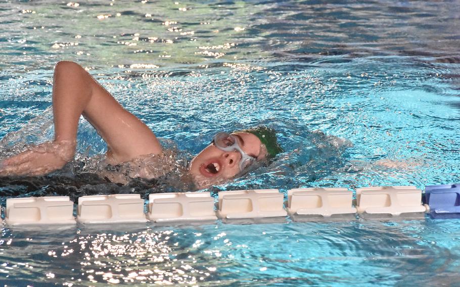 SHAPE's Erika Cruz comes up for a breath in a girls heat of the 400-freestyle at the European Forces Swim League Long Distance Championships on Sunday, Nov. 27, 2022, at Lignano Sabbiadoro, Italy.