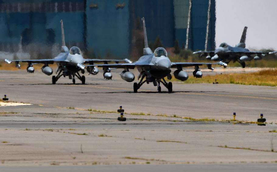 U.S. Air Force F-16 Fighting Falcons taxi on the runway at Ben Guerir Air Base, Morocco, June 14, 2021, during African Lion 2021. The U.S. Air Force needs to focus more on North Africa, particularly as Russia seeks to grow its influence in Libya, a Rand Corp. report said.