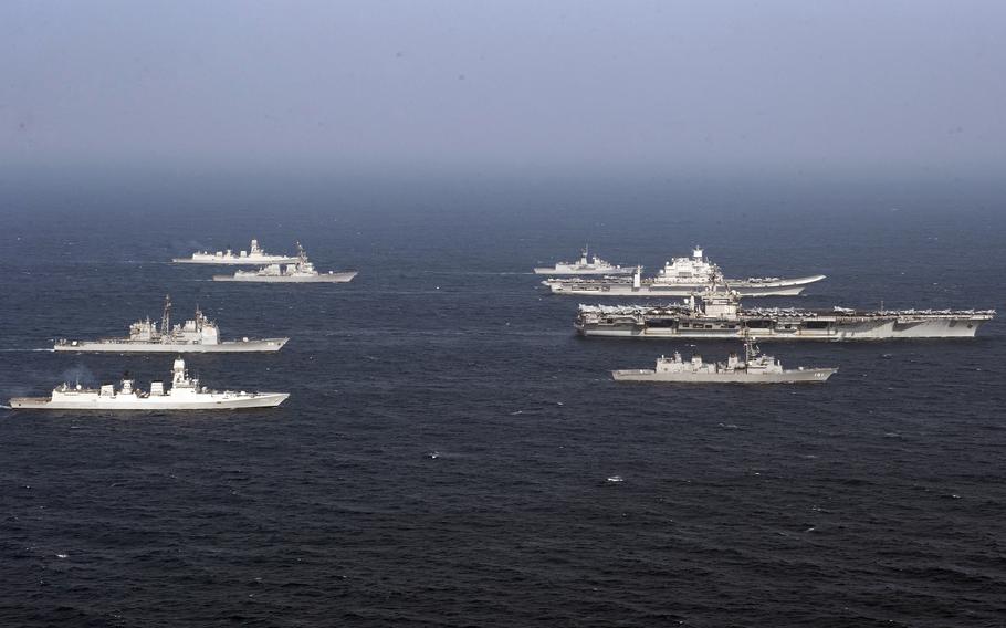 Warships from the United States, India, Australia and Japan train together during the Malabar exercise in the Arabian Sea, Nov. 17, 2020.