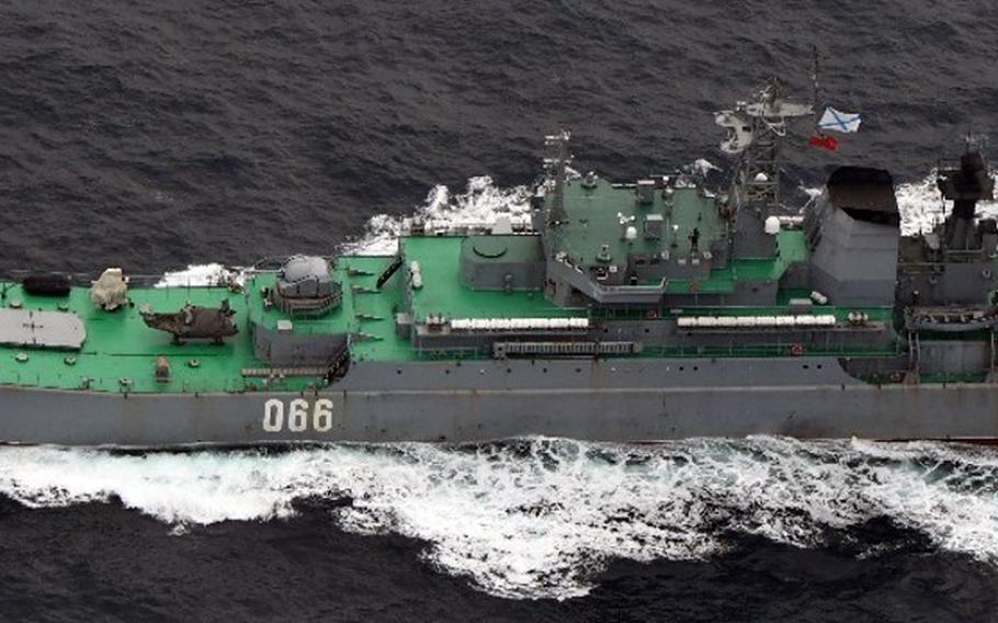This Russian navy Ropucha I-class tank landing ship was spotted passing through the Tsugaru Strait in northern Japan, March 15, 2022. 