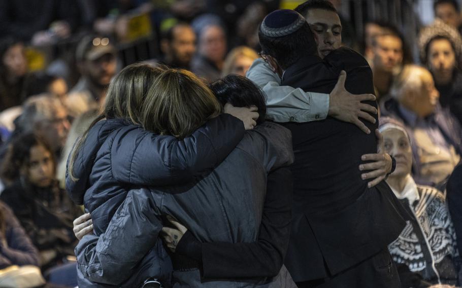 The immediate family members of Daniel Perez mourn his death at a funeral in Jerusalem last month. His body is still in Gaza, according to the Israeli military. 