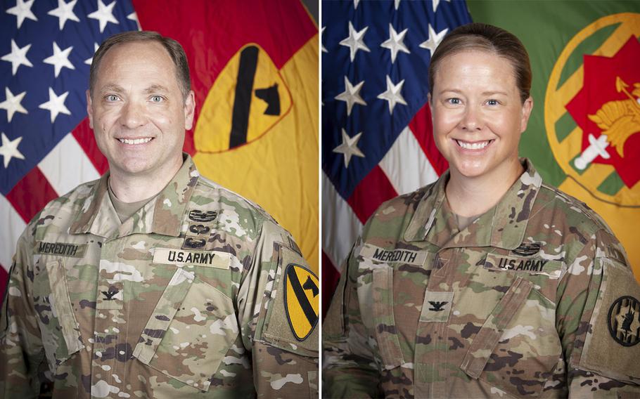 At left, Col. Jon Meredith was fired as commander of the 1st Brigade Combat Team of the 1st Cavalry Division at Fort Hood, Texas, in October 2022, after a criminal investigation. At right, Col. Ann Meredith, his wife, was fired Tuesday, March 23, 2023, from her position as commander of the 89th Military Police Brigade at Fort Hood after a separate investigation.