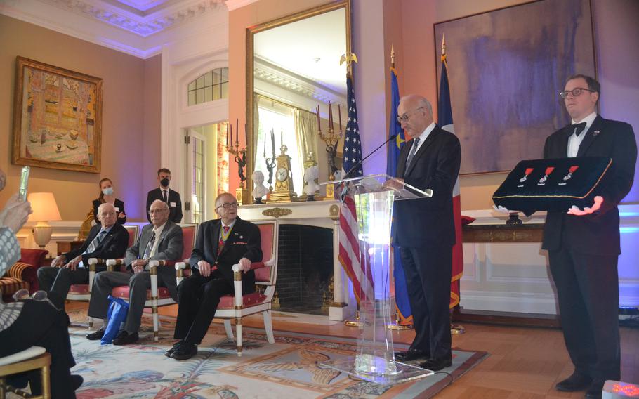 French Ambassador Phillipe Etienne on Wednesday, July 13, 2022, presented the Legion of Honor, France’s highest honor, to U.S. Army veterans Leslie Simmler, 97, Ernest Marvel, 98, and J. David Bailey, 100, for their service in World War II. The ceremony took place at the French Embassy in Washington, D.C.