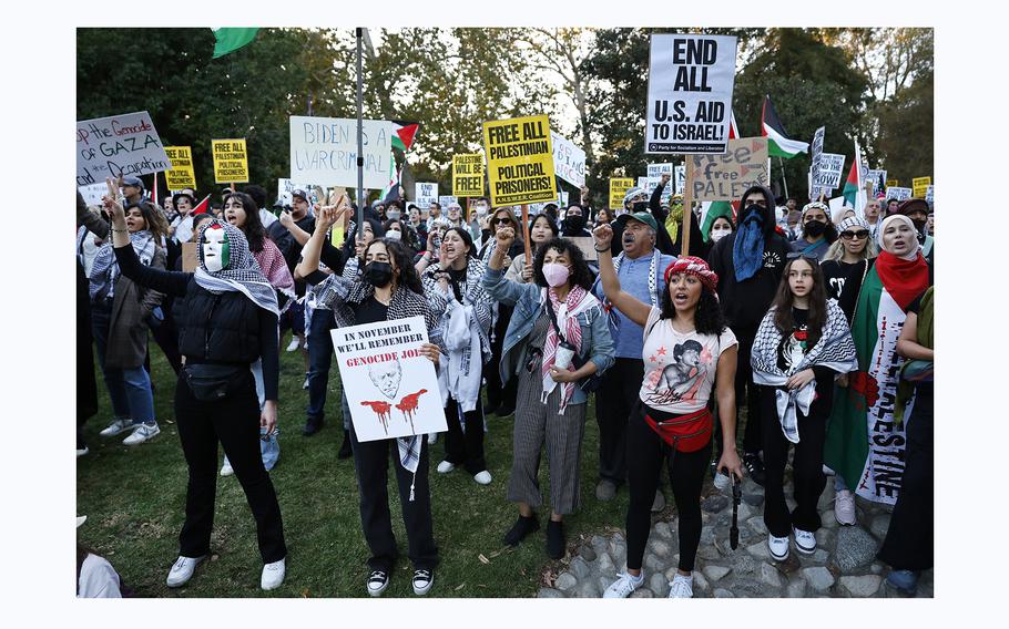 Members of the Palestinian Youth Movement calling for a cease-fire in Gaza rallied at Holmby Park in Los Angeles, where President Joe Biden was attending a fundraiser, on Dec. 8, 2023. 