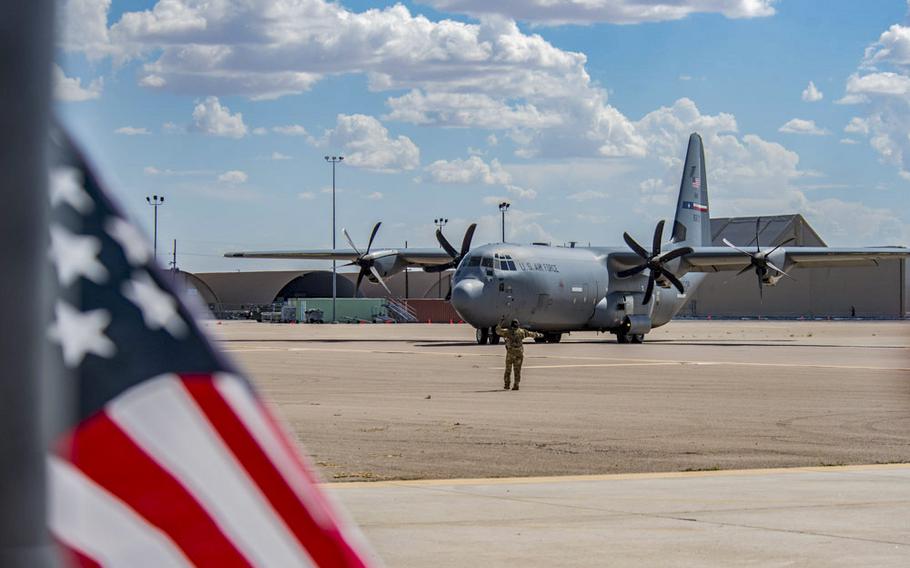 A C-130J Super Hercules carrying Afghan personnel taxis on the ramp at Holloman Air Force Base, New Mexico, Aug. 31, 2021.