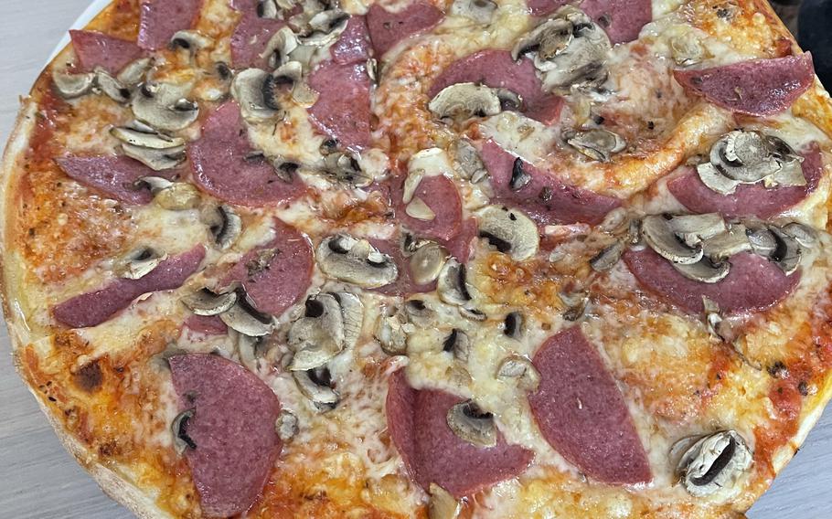 A salami pizza with mushrooms at L'Italiano restaurant in Weiden, Germany, Feb. 16, 2022.