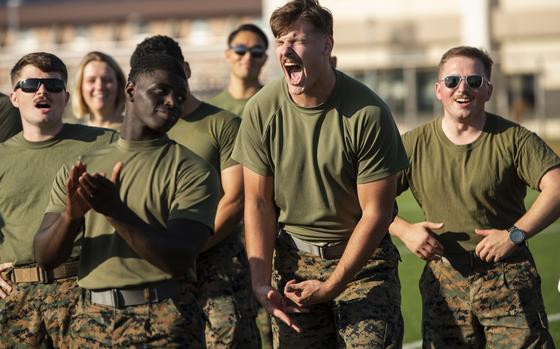 An unidentified Marine summons motivation on Sports Day at Marine Corps Air Station Iwakuni, Japan, on Oct. 28, 2022.