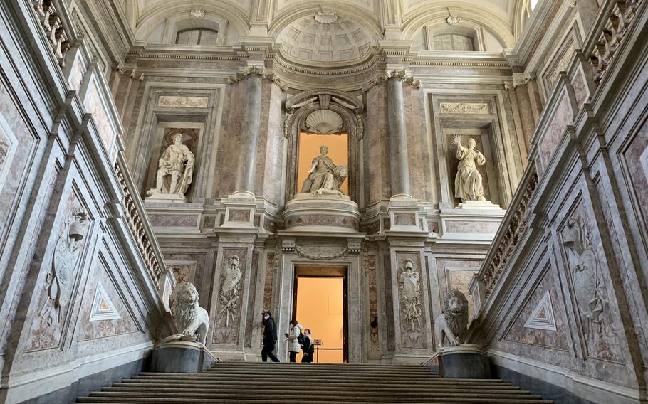 The Grand Staircase at the Royal Palace of Caserta, near Naples, Italy, on March 9, 2022. The stairs lead to the palace's apartments, halls, chapel and other rooms.