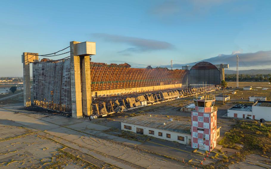 The remnants of a World War II blimp hangar at the former Marine Corps Air Station in Tustin, Calif., which was partially destroyed Nov. 7, 2023, in a fire. 