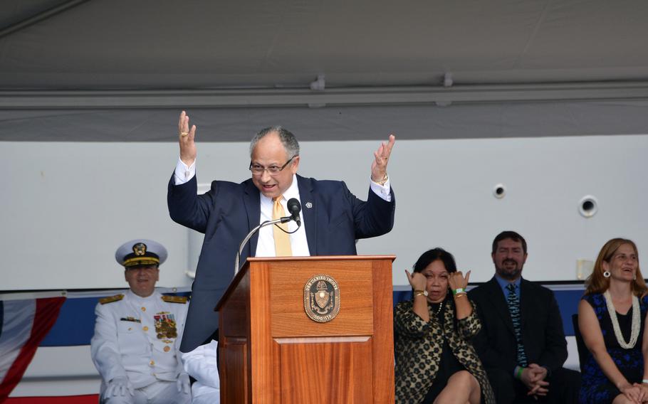 Secretary of the Navy Carlos Del Toro speaks at the commissioning of the guided-missile destroyer USS Daniel Inouye at Joint Base Pearl Harbor-Hickam, Hawaii, Wednesday, Dec. 8, 2021. 