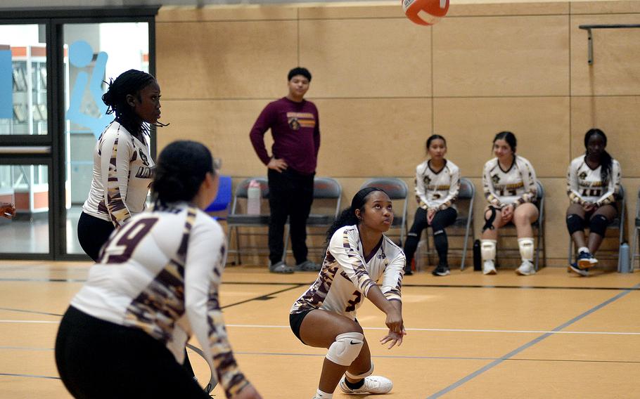 Baumholder's Aisis Jarmon drops down for a dig during a scrimmage on Sept. 1, 2023, at Spangdahlem High School in Spangdahlem, Germany.