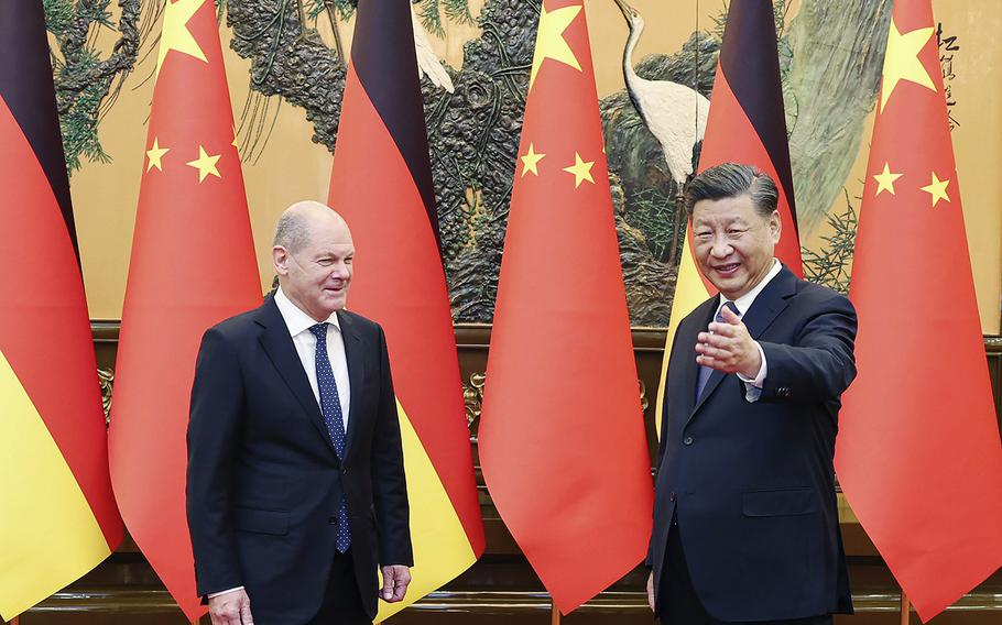 Chinese President Xi Jinping meets with German Chancellor Olaf Scholz at the Great Hall of the People in Beijing on Friday, Nov. 4, 2022.