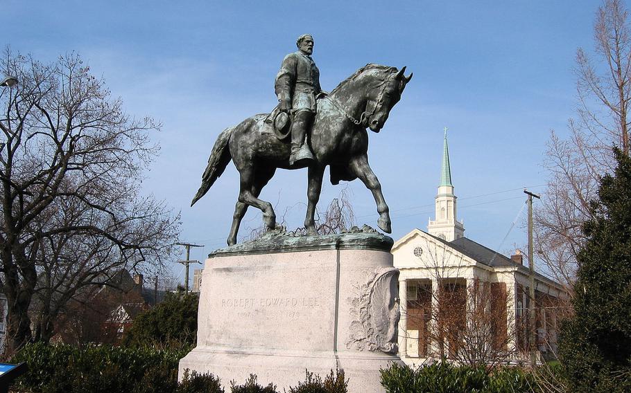 A statue of Confederate Gen. Robert E. Lee stands in Market Street Park in Charlottesville, Va.