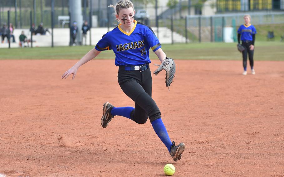 Sigonella first baseman Alice Lefringhouse chases a ground ball along the line during an April 27, 2024, game against the Sentinels at Spangdahlem High School in Spangdahlem, Germany.