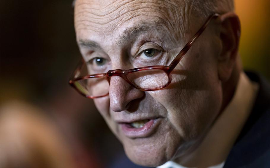 Senate Majority Leader Chuck Schumer, D-N.Y., meets with reporters following a Democratic Caucus meeting, at the Capitol in Washington, Tuesday, April 5, 2022. 