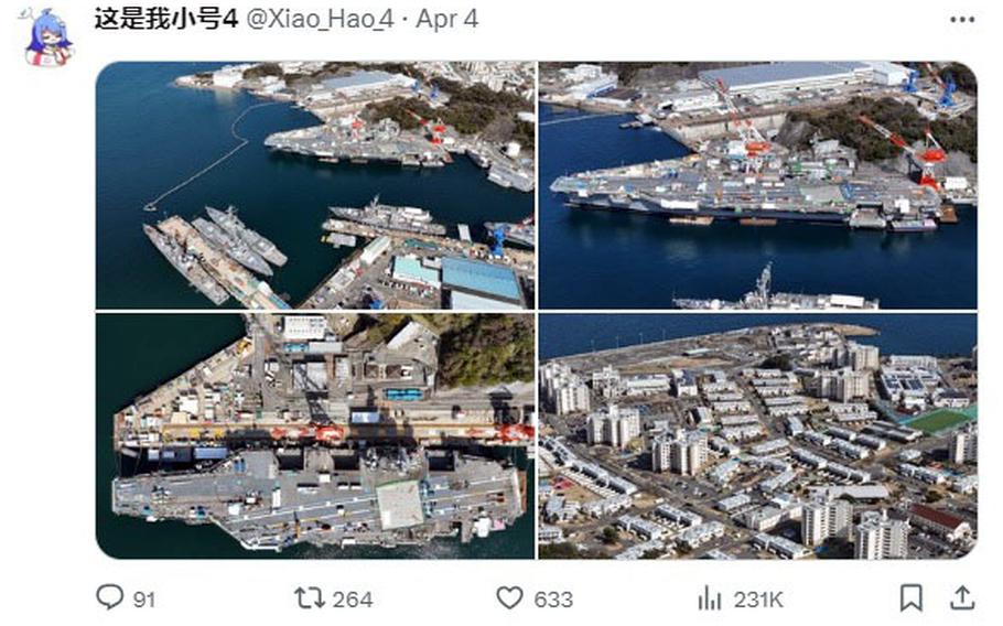 These images of Yokosuka Naval Base, Japan, apparently taken by a drone, were uploaded to X by @Xiao_Hao_4 on April 4, 2024.