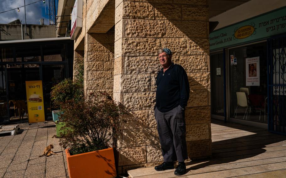 Pinchas Houminer outside his dry cleaning business at the Efrat Israeli settlement in the West Bank in November.