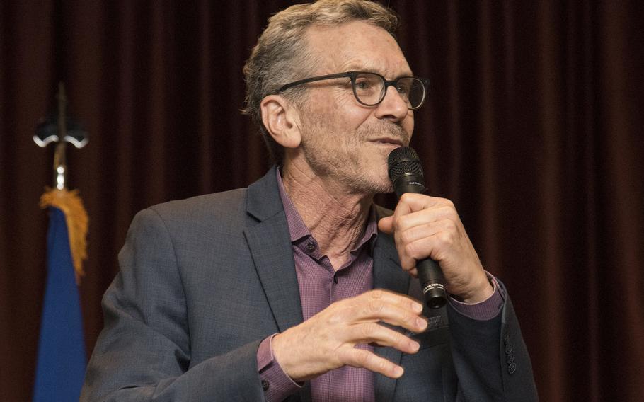 David Nathan Weiss, whose writing credits include “The Rugrats Movie,” “All Dogs Go to Heaven” and “Shrek 2,” speaks during the National Prayer Luncheon at Yokota Air Base, Japan, Thursday, March 23, 2023.