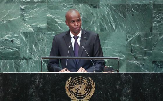 Then-President Jovenel Moise of Haiti addresses the United Nations General Assembly on Sept. 27, 2018, in New York City. 
