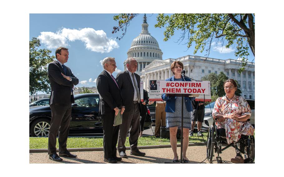 Sen. Amy Klobuchar, D-Minn., speaks during a rally Tuesday, Sept. 19, 2023, outside the U.S. Capitol along with five other senators who condemned Alabama Republican Sen. Tommy Tuberville’s hold on military promotions over objections to a Pentagon abortion policy. The other senators are from left: Chris Murphy, D-Conn., Jack Reed, D-R.I., Tim Kaine, D-Va., Tammy Duckworth, D-Ill., and, not shown, Elizabeth Warren, D-Mass.