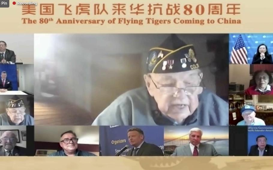In this screenshot taken on Nov. 16, 2021, Bill Peterson, Flying Tiger veteran, speaks during a video conference call on the 80th anniversary of Flying Tigers Coming to China event in Beijing, China. 