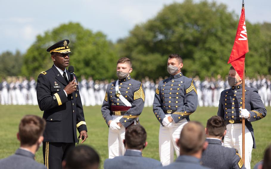 Virginia Military Institute Superintendent Cedric T. Wins addresses the Class of 2021 during a change-of-command ceremony at the school in Lexington, Va., on May 14, 2021.