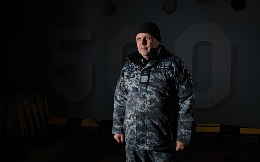 Captain 3rd Rank Oleksandr Hryhorevskyi, commander of the Donbas, on board the ship. 