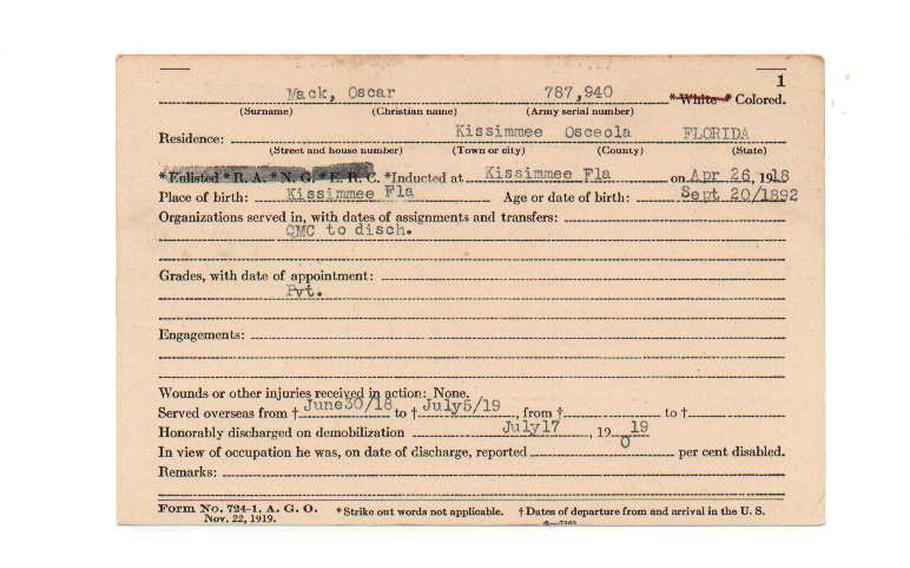 Oscar Mack’s World War I service card.