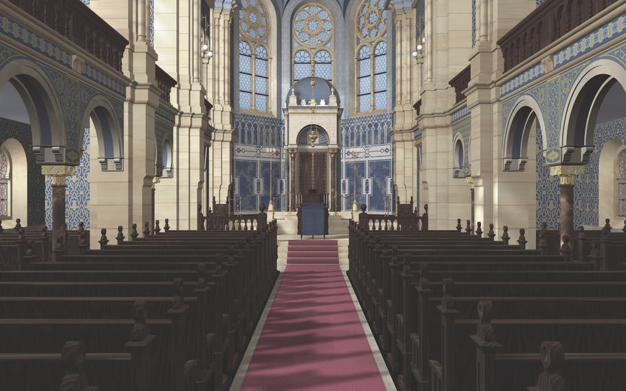 A virtual recreation shows the interior of the Kaiserslautern Synagogue in its original state. Created by the Technical University Darmstadt from photos and surviving documents, the virtual renderings show the interior and exterior appearance of the Jewish house of worship before its destruction by the Nazis in 1938.