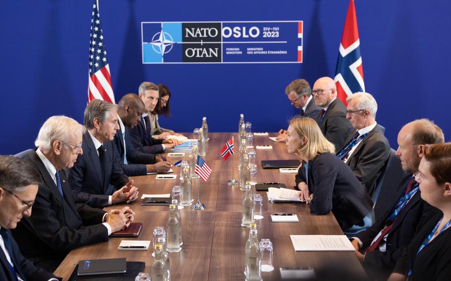 Secretary of State Antony Blinken meets with Norwegian Foreign Minister Anniken Huidfelt in Oslo, Norway, during a meeting of NATO on June 1, 2023.