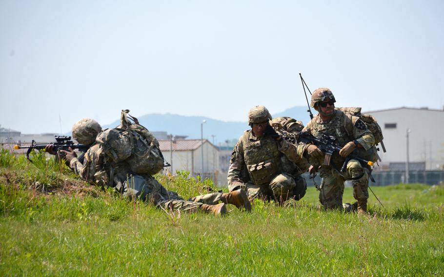 Soldiers with the 2nd Infantry Division conduct an air assault exercise during the Warrior Week competition at Camp Humphreys, South Korea, Wednesday, May 4, 2022. 